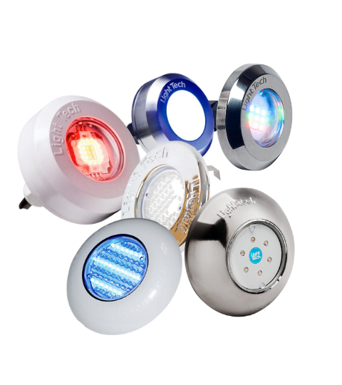 Luminárias LED para piscina com potências de 5w, 10w, 20w, 30w, luz branca (3000K e 6000K), azul e colorida RGB, inox e abs